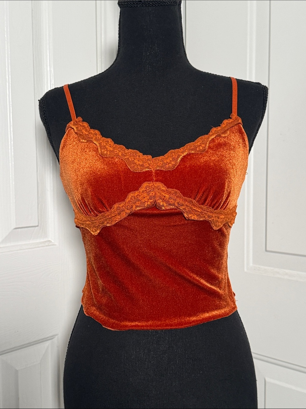 Velvet Lace Trim Cami in Deep Orange